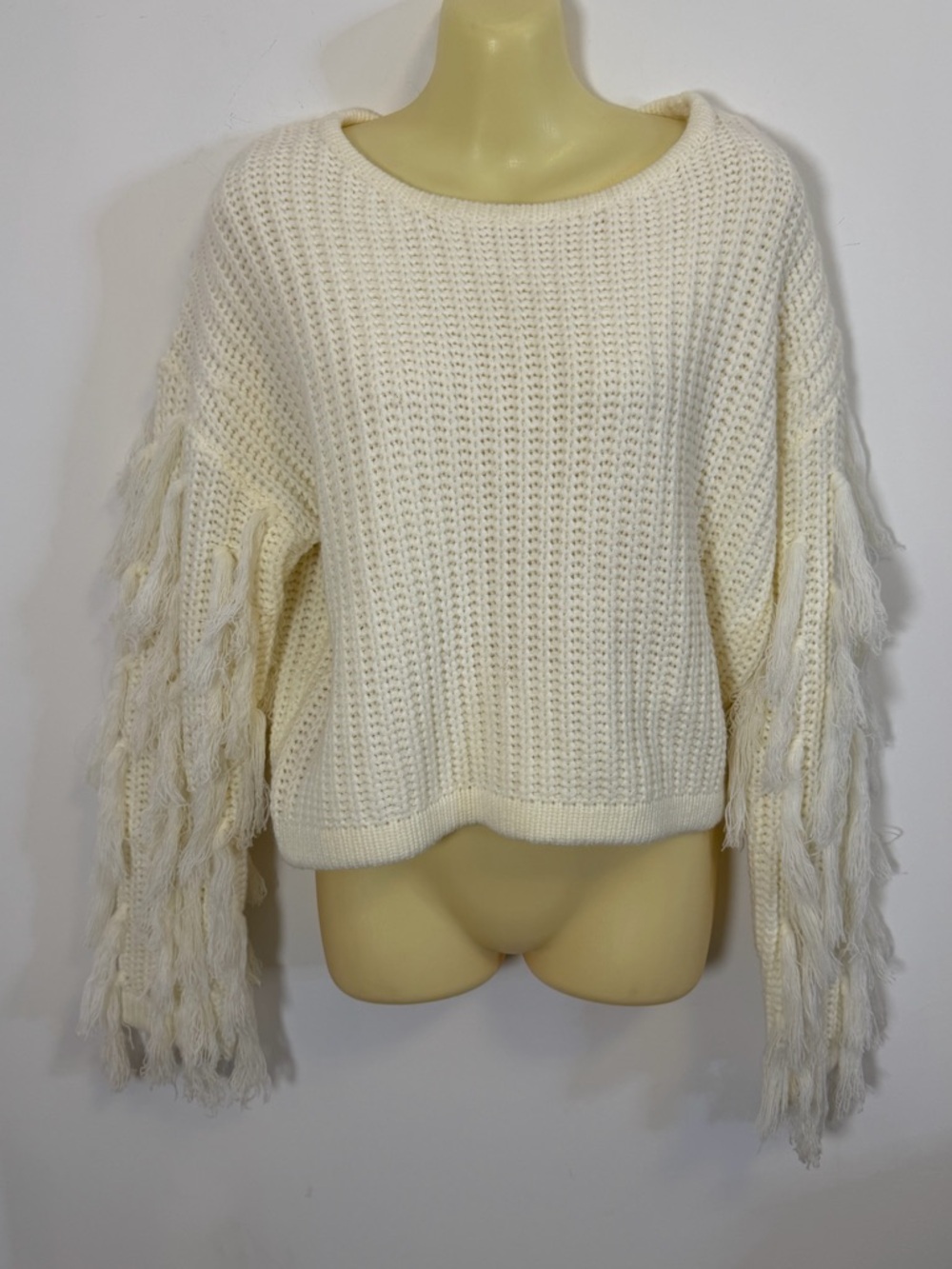 Swank A Posh Cream Fringe Sleeve Knit Sweater